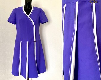 Womens Purple Blue Dress 1970's Vintage Short Sleeves Wrap Look Dress Accordion SkirtDress White Line Formal Dress Midi A Line Dres Size M/L