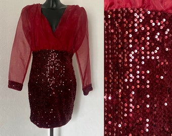 Vintage 80s Red Sequin Pencil Midi Knee Dress Shiny Tank Dress Casual Ruffle Elegant Party Dress Long Transparent Sleeves Red Dress Size M/L