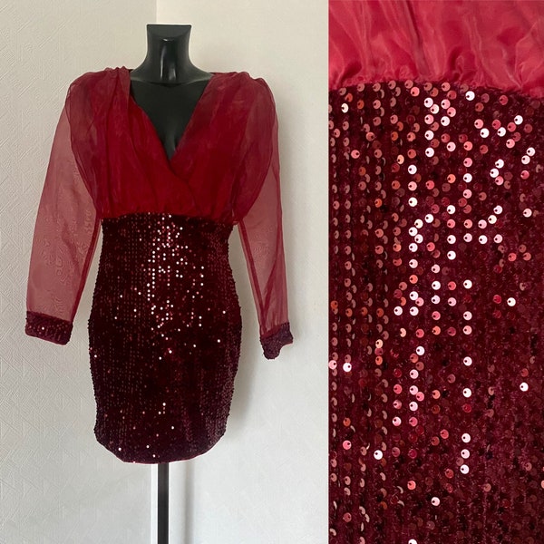 Vintage 80s Red Sequin Pencil Midi Knee Dress Shiny Tank Dress Casual Ruffle Elegant Party Dress Long Transparent Sleeves Red Dress Size M/L