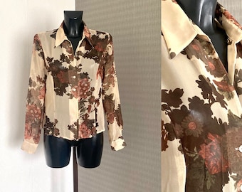 Floral Beige Blouse 80's Vintage Collared Shirt Long Sleeves Brown Summer Flower Print Blouse Light Summer Transparent Blouse Top Size M