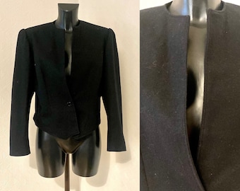 1990's Vintage Black Wool Jacket Women's Long Sleeves Bolero Midi Blazer Luxurious Evening Formal Jacket Black Folk Blazer Size M