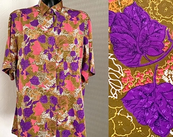 Men&#39;s Colorful Silky Summer Shirt Purple Floral Leaves Shirt Short Sleeve Mens Top Shiny Shirt Button up Hipster Chemise Light Shirt Size L