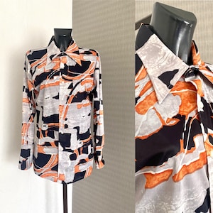 Abstract Gray Blouse 1970's Vintage Straight Collar Shirt Long Sleeves Colorful Colorblock Blouse Hipster Summer Soft Fabric Top Size M/L