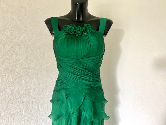 80s Vtg Prom Smaragd Green Ruffle Layered Ball Dr… - image 3