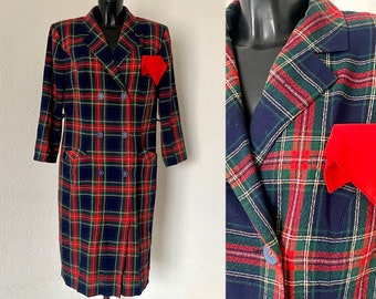 Women&#39;s Plaid Blue Checkered Dress 1970&#39;s Vintage Shirtdress Long Sleeves Collared Dress Button up English-style Tartan Check Dress Size L