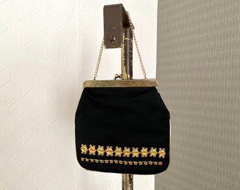 Vintage Mini negro bolso de mano bolso bordado metal dorado negro bolso fiesta brillante noche brillante bolsa de teatro prom embrague formal
