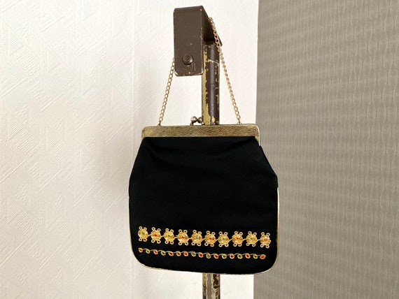 Vintage Mini Black Hand Bag Clutch Bag Embroidere… - image 1