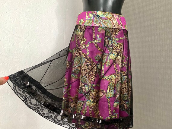 90s Vintage Purple Silky Midi Glitter Skirt Two L… - image 4