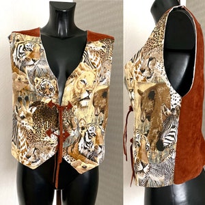 Vintage Unisex Safari Animal Print Vest Brown Waistcoat Brown Cotton Vest Festival Boho Bohemian Sleeveless Safari Lion Jacket Medium Size
