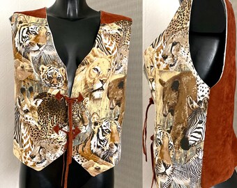 Vintage Unisex Safari Animal Print Vest Brown Waistcoat Brown Cotton Vest Festival Boho Bohemian Sleeveless Safari Lion Jacket Medium Size