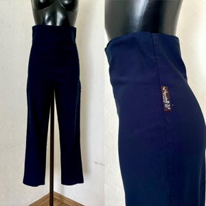 Navy Blue Women&#39;s Extra High Waist Pants Vintage 1990&#39;s Elastic Waist Trousers Office Wear Regular Blue Pants Made in Switzerland Size S/M
