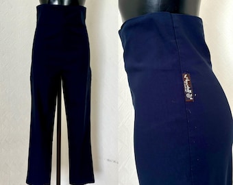 Pantalones de cintura alta extra altos para mujer de color azul marino, pantalones vintage de cintura elástica de los años 90, pantalones de oficina de color azul normal, fabricados en Suiza, talla S/M