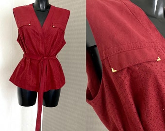 Vinatge Red Belted Vest Tailored Sleeveless Fitted Waistcoat Light Weight Vegan Leather Burgundy Jacket Retro Cardigan Gift to Her Size XL