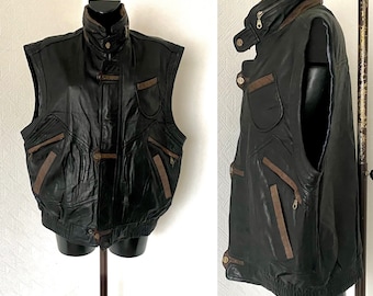 Vtg Black Leather Men&#39;s Steampunk Vest Zipper up Genuine Leather Waistcoat Biker Motorcycle Vest Fetish Oversized Sleeveless Jacket Size L