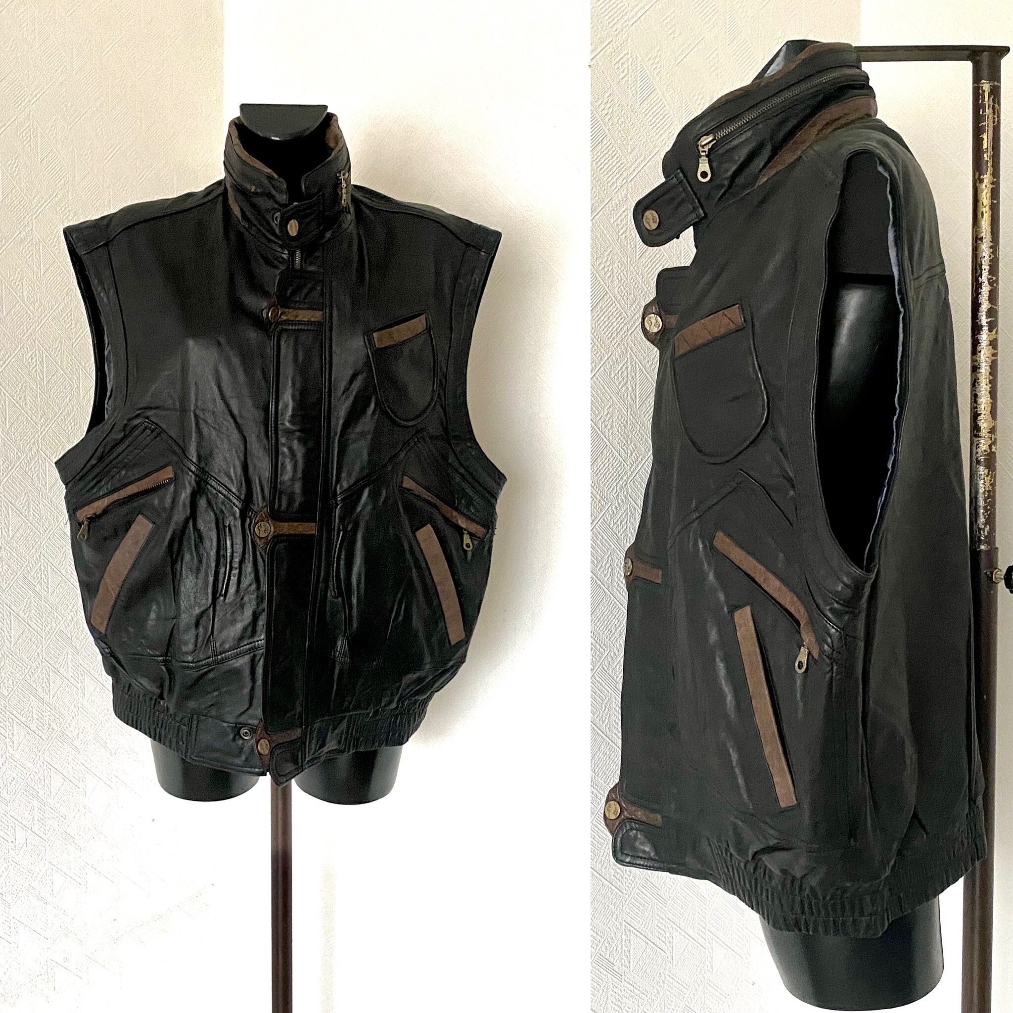 Vtg Black Leather Men's Steampunk Vest Zipper up Genuine Vtg Black Leather Men's Steampunk Vest Zipper up Genuine