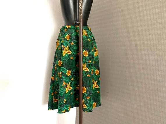 90s Vintage Green Skirt Silky Midi Knee Yellow Fl… - image 7