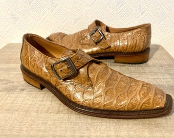 1990s Vintage Men's Beige Leather Crocodille Pattern Shoes Made in Italy Formal Shoes Men's Buckled Shoes Animal Print Shoes US 9 ;Eur 43
