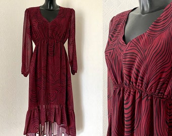 90s Vintage Burgundy Swirl Dress Romantic Retro Party Dress Draped Asymmetric Midi Dress Transparent Long Sleeves Evening Dress Size M