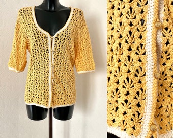 Crochet Yellow Hole Blouse Short Sleeve  Button up Jacket Vintage Knit Cardigan Gift For Mum Bohemian Top Vest Beach Cover up Tunic Size M/L