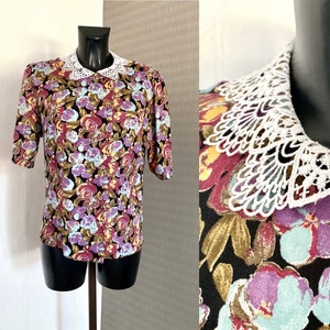 Vintage 80s Purple Floral Blouse Secretary&#39;s Two Part Button up Blazer Half Sleeves White Lace Collar Teacher&#39;s Shirt Back to School Size M