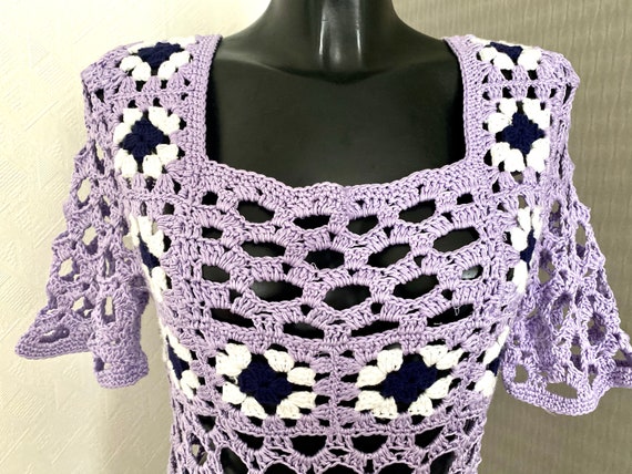 Hand Made Vintage Crochet Purple Top Warm Wool Wo… - image 3