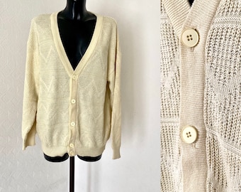 Men's Cotton Acrylic Office Cardigan Long Knit Light Yellow Knitted Argyle Jacket Long Button up Sweater V Neck Winter Cardigan Size XL/50