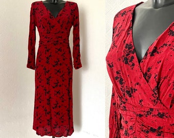 Vintage Red Dress  Black Abstract Drawing  Dress Romantic Retro Party Dress V Neck Wrap Dress Long Dress Long Sleeves Evening Dress Size S