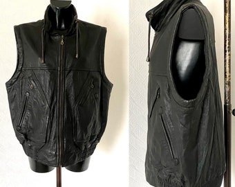 Vtg 90&#39;s Dark Brown Leather Men&#39;s Steampunk Vest Zipper up Genuine Leather Waistcoat Biker Motorcycle Vest Prince Leather Vest Size 52/M