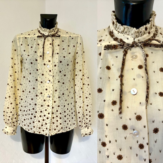 トップス vintage FlowerPrint Ruffle Collar Blouse Women Ruffles Lace Floral Print Retro Elegant Button Shirts