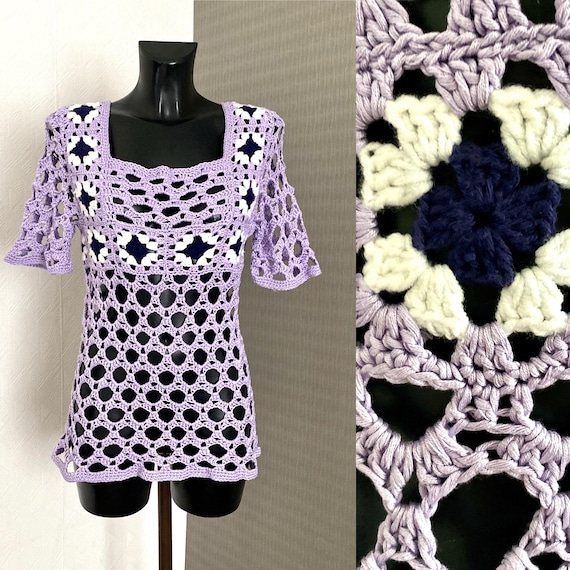 Hand Made Vintage Crochet Purple Top Warm Wool Wo… - image 1