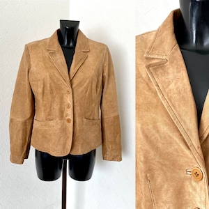 Women&#39;s Beige Hipster Rustic Leather Cropped Cardigan Jacket Short Trench Coat Festival 80s - 90s Vintage Genuine Leather Blazer Size M/L