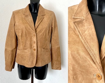 Women's Beige Hipster Rustic Leather Cropped Cardigan Jacket Short Trench Coat Festival 80s - 90s Vintage Genuine Leather Blazer Size M/L