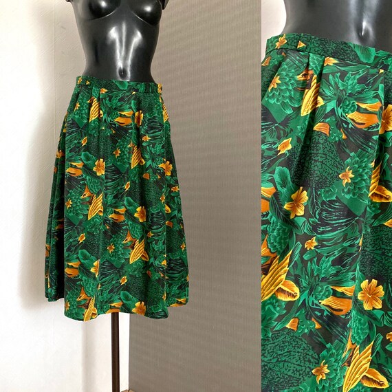 90s Vintage Green Skirt Silky Midi Knee Yellow Fl… - image 1