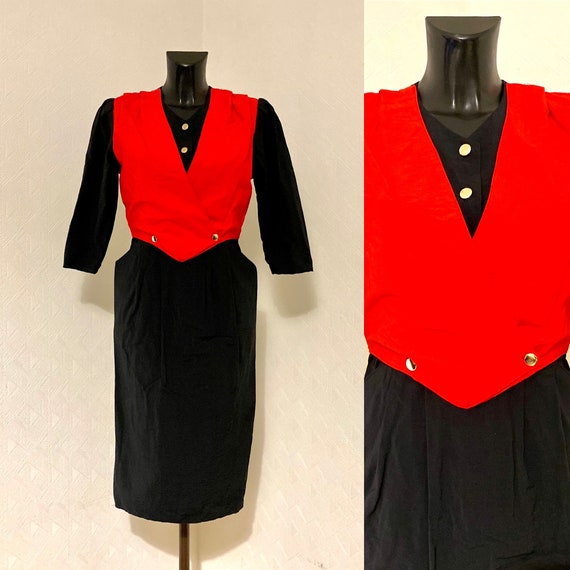 Evening Black Red Dress 80s Prom Dress Retro Part… - image 1
