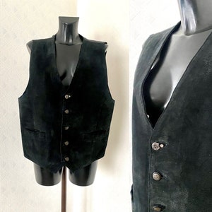 Vtg Black Leather Men&#39;s Steampunk Vest Button up Suede Leather Waistcoat Biker Motorcycle Vest Fetish Oversized Sleeveless Jacket Size L
