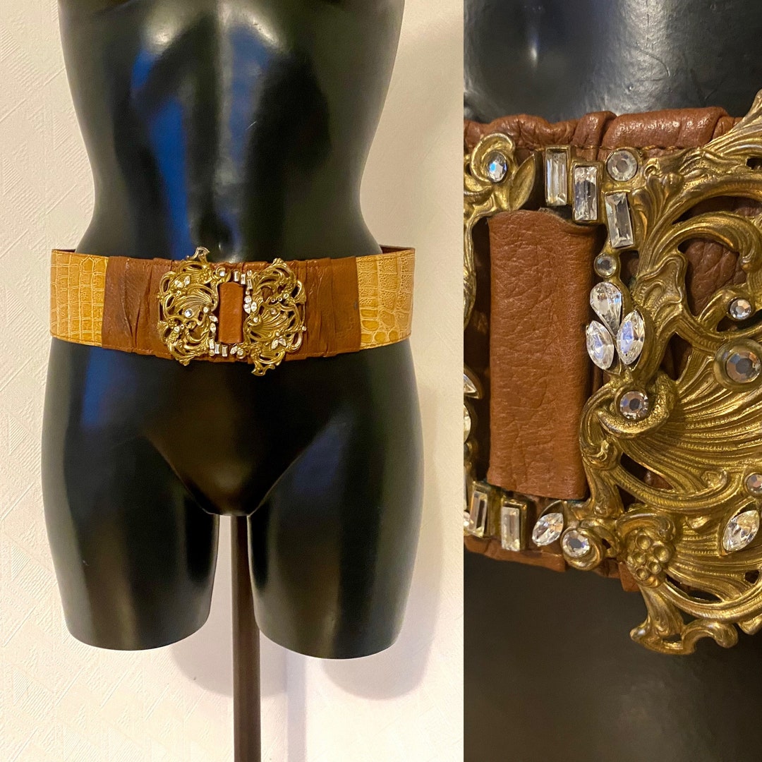 Women's Brown Croco Textured Belt | Gold Buckle | Slim Waist Belt for Bottom & Dress