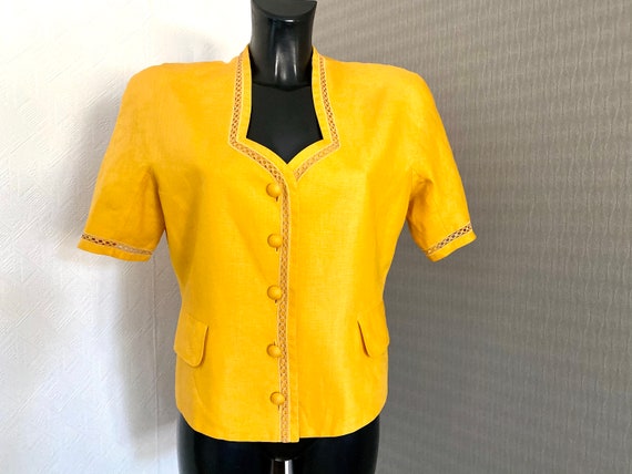 Vintage Yellow Linen Blouse Sweetheart Button Up … - image 2