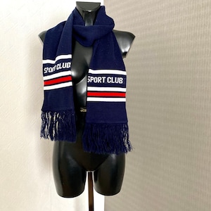 Années 1990 Tricoté Navy Blue Scarf Striped Shawl vintage Knit Boho USSR Stripped Fringe Sport Club Stripe Hippie Boho Scarf Made in Finland