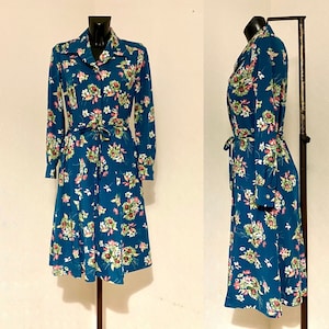 Vintage 90s azul floral Midi vestido princesa vestido grande patrón floral túnica vestido mangas largas Midi Retro camisa maestros Vestido M