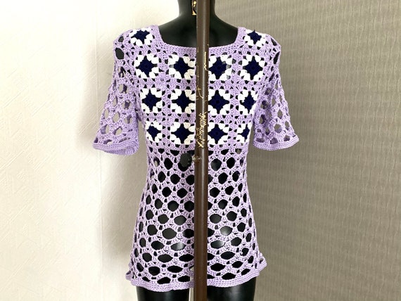 Hand Made Vintage Crochet Purple Top Warm Wool Wo… - image 6