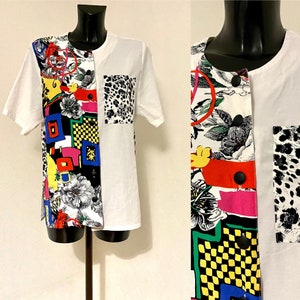 Vintage 80s White Abstract Animal Print Blouse  Summer Secretary&#39;s Button up Colorful Light Shirt Short Sleeves Crew Collar Blouse Size M