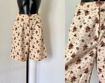 80's Women's Vintage Shorts Beige Courduroy High Waist Bermuda Floral Print Shorts Bermudas Pants Midi Relaxed Shorts Size S/M