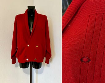 Cardigan da ufficio in lana da uomo, giacca in maglia rossa, giacca doppiopetto, maglione con bottoni dorati, scollo a V, cardigan invernale, prodotto in Italia, taglia L