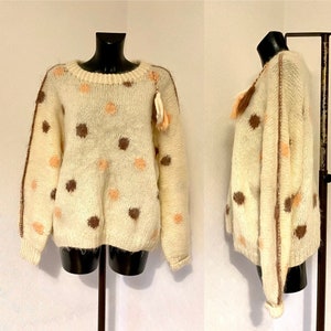 90er Weicher Mohair Ivory Beige Damen Strickpullover WarmEr Polka Dot Flauschiger Relax Pullover Winter Federpullover Rundhals Geschenk für Sie Größe L