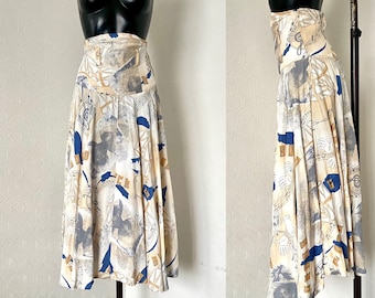 Vintage Beige Abstract Print Hip Pleated Skirt Extra High Waist Accordion Skirt Retro Asymmetric Skirt 90s Summer Clothing Women&#39;s  Size S