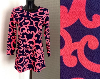 Vintage Pink Scroll Swirl Pattern Tunic Long Sleeve Bright Navy Blue Floral Breastfeeding Dress Pullover Zipper on Bust Tunic Top Size S/M
