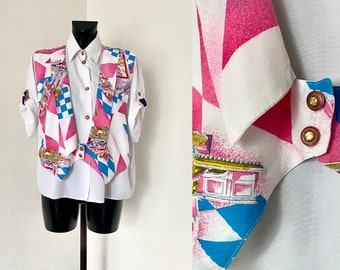 Vintage 80s White Pink Abstract Blouse Two Layer Blouse Secretary&#39;s Button up Paded Wide Shirt Short Sleeves Collared Teacher&#39;s Shirt Size L
