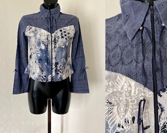 Vtg Women's Blue Blouse Embroidered Ombre Shirt Long Sleeves Blouse Blue Light Jacket Cotton Blue Lace Boho Floral Pattern Shirt Size S