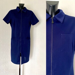 Vintage 70s Azul Oscuro Cremallera Midi Camisa Vestido Retro Hippie Kaftan Vestido Azul Vestido Náutico Manga Corta Abuela Colared Túnica Talla L