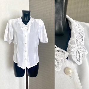 Vintage 90s White Blouse Secretary&#39;s Button up Blazer Puff Paded Short Sleeves Lace Collar Teacher&#39;s Shirt Back to School Size M